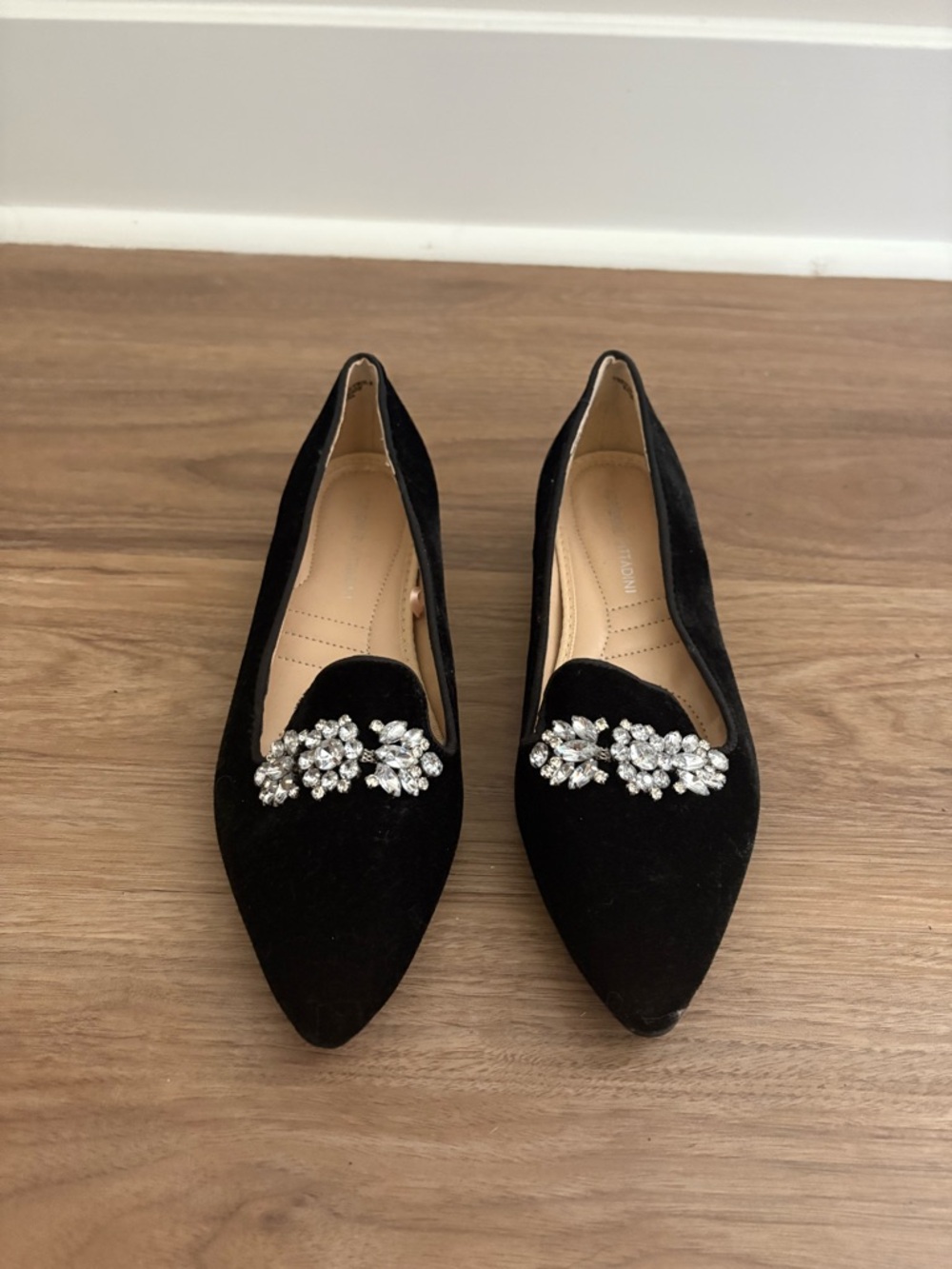 Women's Black Velvet Pointed Toe Flats with Crystal Embellishment